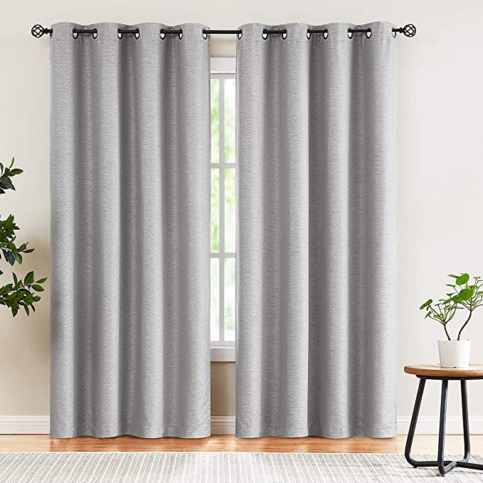 Grey Blackout Curtains 84" Long Geometric Chevron Linen Window Curtain Panels for Bedroom 1 Pair Light Gray