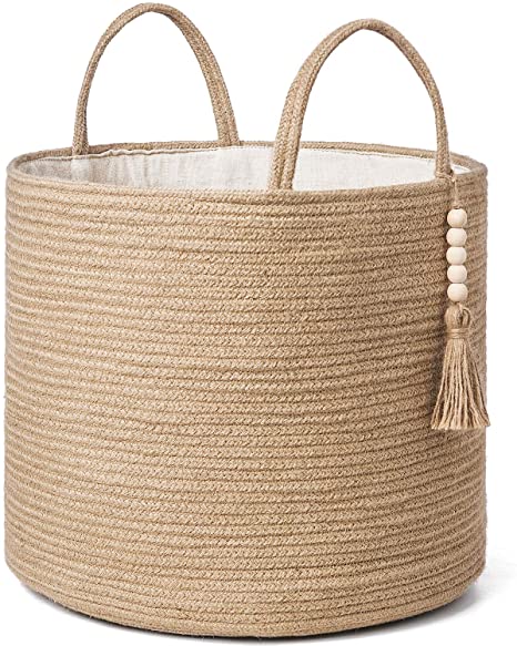 Mkono Woven Storage Basket Decorative Natural Rope Basket Wooden Bead Decoration for Blankets,Toys,Clothes,Shoes,Plant Organizer Bin with Handles Living Room Home Decor, Jute, 16" W × 13.8"L