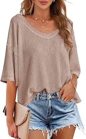 MEROKEETY Women's V Neck Batwing Half Sleeve Shirts Waffle Knit Loose Blouse Solid Color Tops