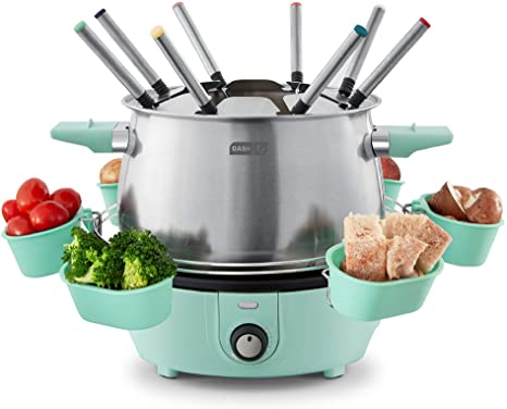 Dash DFM250GBAQ04 Deluxe Stainless Steel Fondue Maker with Temperature Control, Forks, Cups, and Rack, with Recipe Guide Included, 3-Quart, Non-Stick, Aqua