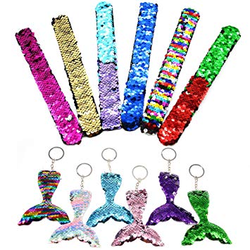 Angela&Alex Mermaid Slap Bracelets, 12PCS Slap Sequin Sparkly Bracelets Mermaid Tail Key Chain Christmas Toy for Boys Girls Age 5 6 7 8 9 Party Favors Two-Color Reversible(6 Bracelets 6 Mermaid Tail)