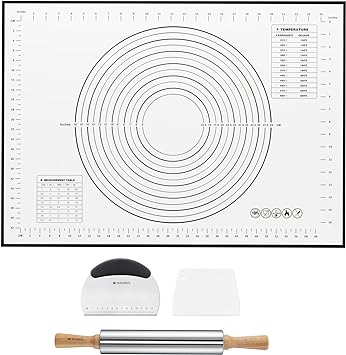 Navaris Baking Utensils Set - Rolling Pin, Silicone Mat, Metal Dough Cutter, Plastic Scraper - Home Baker Tools Kit to Knead Roll Cut Dough and Pastry