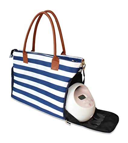 Lil Elephant Breast Pump Bag - Premium Pumping Bag for Spectra, Medela Breastpump | Stylish Tote Breastpump Bags for Moms | Breast Pump Bags and Totes (Navy & White Stripes)