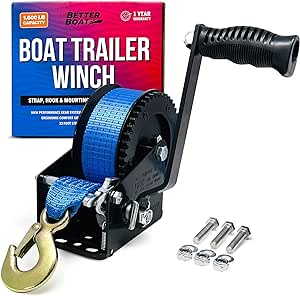 Boat Trailer Winch with Boat Winch Strap with Hook Manual Hand Winch Strap Heavy Duty Trailer Winches Hand Crank for Pulling Boat Parts for Trailers Car or Truck Towing One Speed Ratchet Gear 1600 lb