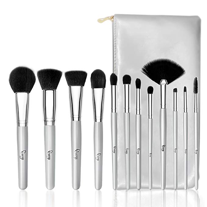 Qivange Makeup Brushes, Synthetic Foundation Eyeshadow Fan Brushes Set with Cosmetic Bag (12pcs,Silver)