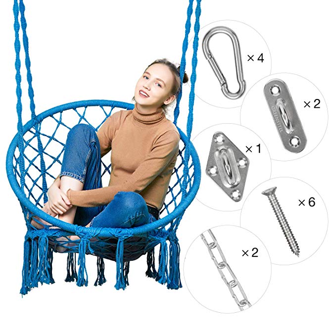 Greenstell Hammock Chair Macrame Swing with Hanging Kits, Hanging Cotton Rope Swing Chair, Comfortable Sturdy Hanging Chairs for Indoor, Outdoor, Home, Patio, Yard, Garden, 290LBS Capacity (Blue)