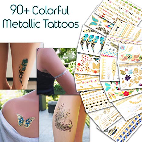 Metallic Temporary Tattoos for Women and Girls - Henna, Hamsa, Tribal, Elephants and Other Shiny Gold and Silver Tattoo Stickers for Body Art (90  Metallic Tattoos - 15 Sheets)