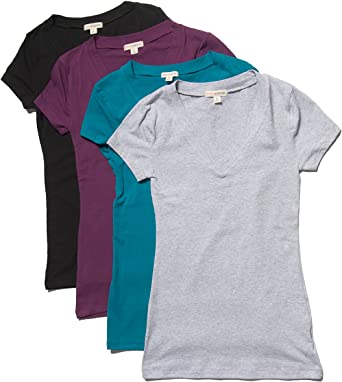 4 Pack Zenana Women's Basic V-Neck T-Shirts Large Black, H. Gray, Plum, Jade