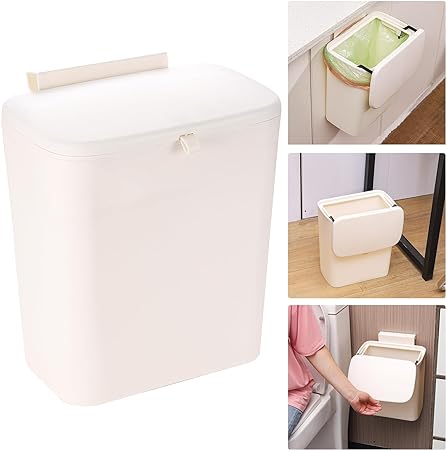 Hanging Trash Can 9L Small Kitchen Waste Basket,2.4 Gallon Waste Bin with Lid,Plastic Food Waste Bin for Counter Top or Under Sink,Mountable Garbage Can for Car,Cabinet,Office,Bedroom,Bathroom White
