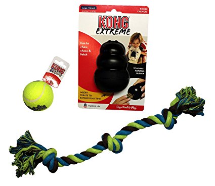 Dog Toy Bundle: (1) Large KONG Extreme Dog Toy, Black - (1) Medium KONG Squeaker Dog Tennis Ball & (1) Dog Rope Toy - 16.5 inches