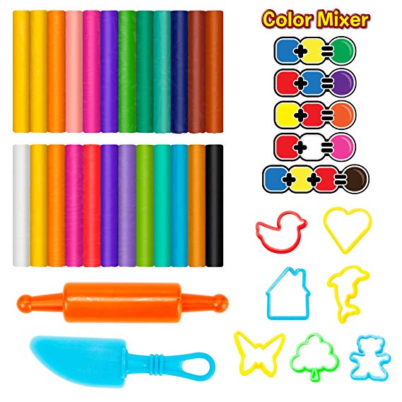 Creative Kids 24 Assorted Clay Kit for Kids - 9 Clay & Dough Tools for Children - Modeling Clay Set with Assorted Clay Colors, 7 Clay Cutters, 1 Clay Knife, 1 Roller & Transparent Travel Storage