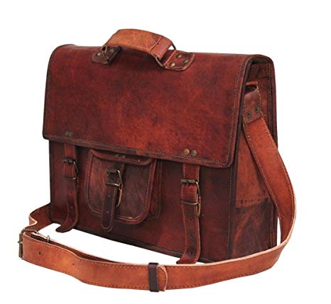 15 Inch Leather Vintage Rustic Crossbody Messenger Courier Satchel Bag Gift Men Women ~ Business Work Briefcase Carry Laptop