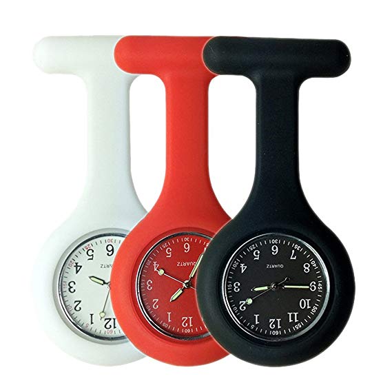 Set of 3 Nurse Watch Brooch, Silicone with Pin/Clip, Glow Pointer in Dark, Infection Control Design, Health Care Nurse Doctor Paramedic Medical Brooch Fob Watch - White Red Black
