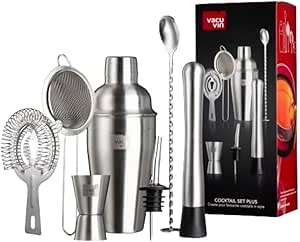 Vacu Vin Cocktail Set Plus - 7 Essential Tools for Mixing and Serving Cocktails - Dishwasher Safe - Cocktail Shaker, Double Jigger, Muddler, Hawthorne Strainer