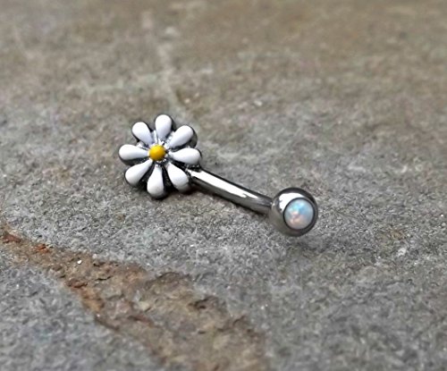 Daisy Fire Opal White Belly Button Navel Ring Body Jewelry Fits in Navel 14ga Cute Belly Ring