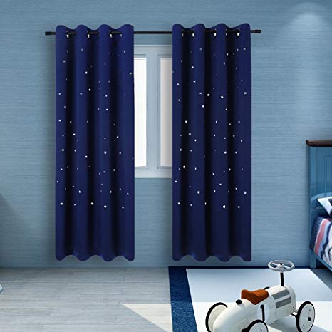 2 Panels Twinkle Star Kids Room Curtains with 2 Tiebacks, BUZIO Thermal Insulated Blackout Curtains with Punched Out Stars, Drapes for Space Themed Nursery and Bedroom (52 x 63 inches, Royal Blue)
