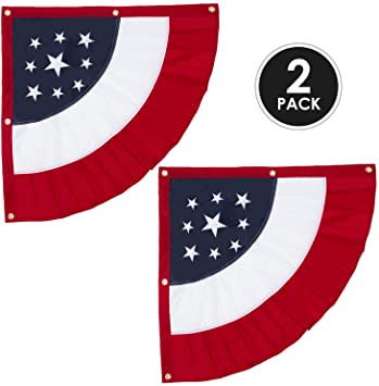 27"x27" Americana USA Patriotic Nylon Bunting Flag, 2 Sided, Embroidered Stars, Grommets- July 4th American Flag for Outdoor Use- Americana Inside Outside Porch Rail or Window Decoration (2 Pack)