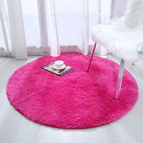 Softlife Fluffy Area Rugs for Bedroom 4' x 4' Round Shaggy Rug for Girls Kids Living Room Nursery Home Decor Floor Carpet, Hot Pink