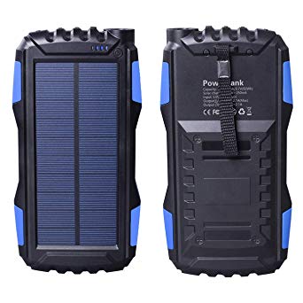 Friengood Solar Charger, Portable 25000mAh Solar Power Bank, Waterproof Solar External Battery Pack with Dual USB Ports and Flashlight for iPhone, iPad, Samsung, Android Phones and More (Blue)