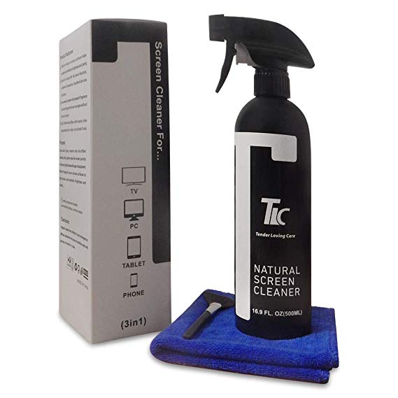 TLC Natural Screen Cleaner 500ml with Fine Microfiber Towel for cleaning: LCD, LED, TFT, HD TV's, Plasma, Laptops, touchscreen, smartphones, TV Screens, Tablets, E-readers plus Keyboard Cleaning Brush
