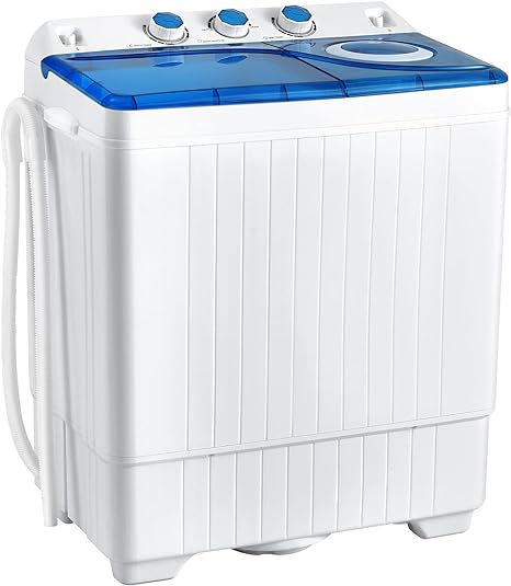 COSTWAY Portable Washing Machine, Twin Tub 26lbs Capacity Laundry Washer, 18lbs Washer and 8lbs Spinner Combo with Timer Knobs, Built-in Drain Pump, Compact Washer for Home Dorm Apartment, Blue White