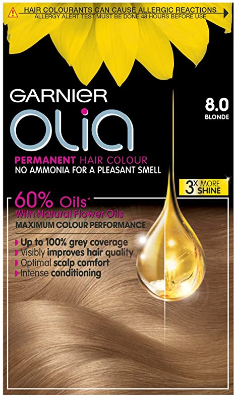 Garnier Olia Blonde Hair Dye Permanent, Up to 100% Grey Hair Coverage, No Ammonia for a Pleasant Scent, 60% Oils - 8.0 Blonde