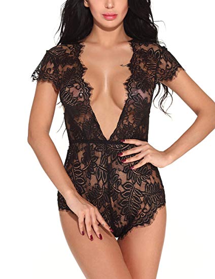 HiMiss Women Sexy Deep V Neck Lace Floral Babydoll Lingerie One Piece Teddy Bodysuit