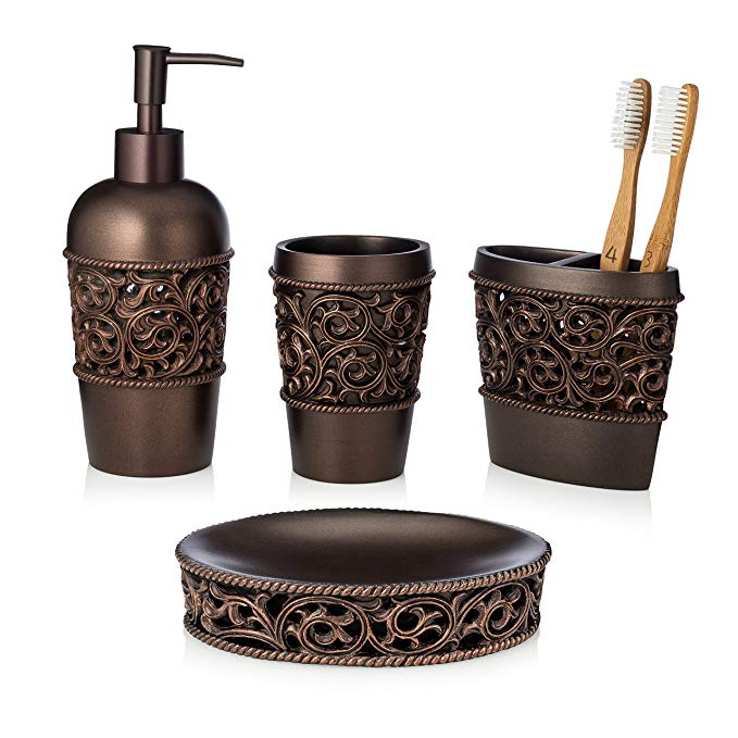 EssentraHome 4-Piece Bronze Bathroom Accessory Set, Complete Set Includes: Toothbrush Holder, Lotion Dispenser, Tumbler and Soap Dish