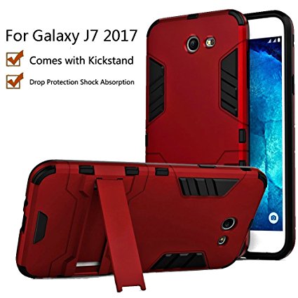 J7 V Case, J7 Perx Case, J7 Sky Pro Case, J7V Case, Skmy-Dual Layer Armor Hard Slim Hybrid Kickstand Phone Cover Case For Samsung Galaxy J727V / J7 Sky Pro / J7 2017 (Red Kickstand Case)