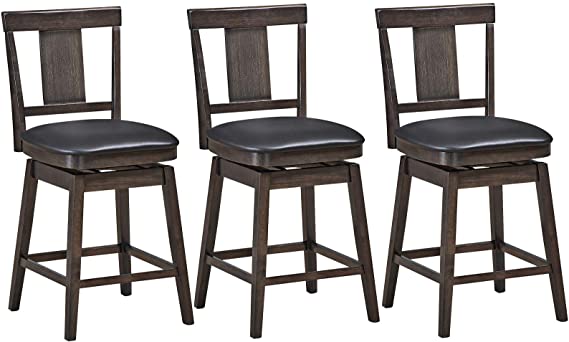 COSTWAY Bar Stools Set of 3, 360 Degree Swivel, Wooden Counter Height Bar Stool, Leather Padded Seat, Single Slat Back & Solid Rubber Wood Legs, Upholstered Stool for Dining and Living Room (3, 24)