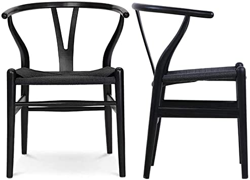 Tomile Set of 2 Wishbone Chair Solid Wood Y Chair Mid-Century Armrest Dining Chair, Hemp Seat (Ash Wood - Black)