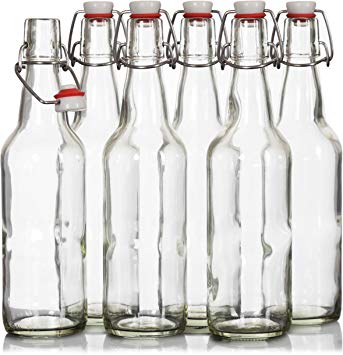 Easy Cap Fliptop Beer Bottles - (6 Pack) 16 Ounce Grolsch Bottles with Metal Wire Swing Top Plastic Cap for Home Brewing Beer, Kombucha, Store Juice, Water, Smoothies, Clear. Airtight Glass Bottles