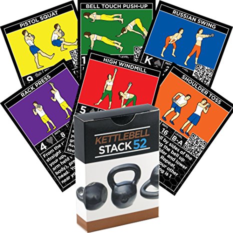 Stack 52 Kettlebell Exercise Cards. Kettlebell Workout Playing Card Game. Video Instructions Included. Learn Kettle Bell Moves and Conditioning Drills. Home Fitness Training Program.