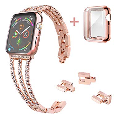 KoudHug Adjustable Bracelet with Case Compatible for 38mm 40mm Apple Watch Bands 42mm 44mm Women Rose Gold Three-Chain Crystal Jewelry Wristband and Screen Protector for iWatch Series 5 4 3 2 1