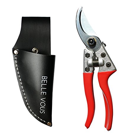Heavy Duty Garden Secateurs - Hand Pruning Shears with Storage Holder Pouch by Belle Vous - Pruner Scissors for Hedge Trimming, Gardening, Lawn, Weeding and Grass Cutting - Ergonomic Handle