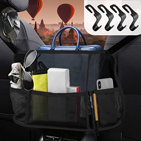[Upgraded Version] Car Net Pocket Handbag Holder, Car Backseat Organizer Between Seats with 4 Pack Car Seat Headrest Hook for Handbag Purse Groceries Bag Document Bags fit Universal Vehicle Car