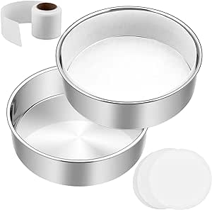 6 Inch Cake Pan Set of 2, E-Far Stainless Steel Round Layer Cake Baking Pans with Parchment Rounds & Side Liner Roll, Non-Toxic & Healthy Metal Cake Tin, Straight Side & Dishwasher Safe