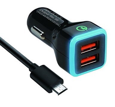 Car Charger PowerBen 36W 2-Port USB Car Charger with Qualcomm Quick Charge 20 Technology and AiPower Adaptive Charging Technology Includes a 33ft Quick Charge Micro USB Cable Black
