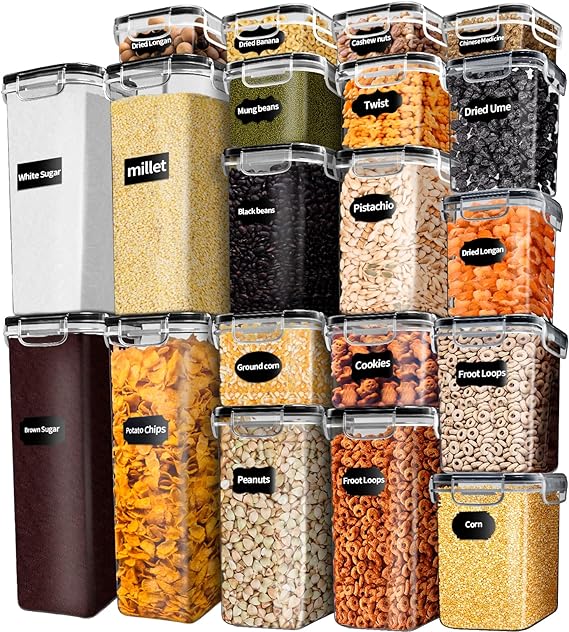 Airtight Food Storage Containers Set, 20 PCS BPA Free Clear Plastic Kitchen Storage Organization Containers with Easy Lock Lids, for Cereal Flour and Sugar, Include Labels