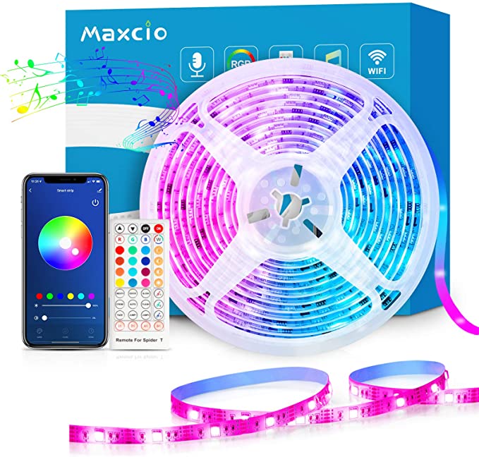 Smart WiFi LED Strip Lights 32.8ft, Maxcio Music Sync Light Strip Compatible with Alexa Google Home, 5050 RGB Color Changing LED Lights with 40-Key Remote & Adapter for Home, Bedroom & Party