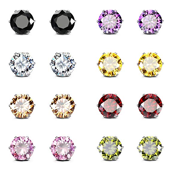 JewelrieShop Stainless Steel Cubic Zirconia Earrings for Sensitive Ears, Round Square Cuts Hypoallergenic Stud Earrings for Women Girl, 8-12 Pairs