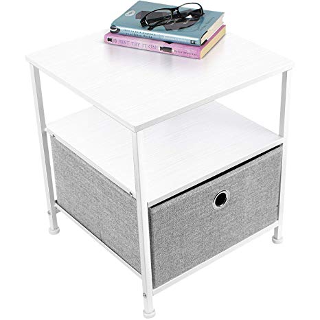 Sorbus Nightstand 1-Drawer Shelf Storage- Bedside Furniture & Accent End Table Chest for Home, Bedroom, Office, College Dorm, Steel Frame, Wood Top, Easy Pull Fabric Bins (White/Gray)