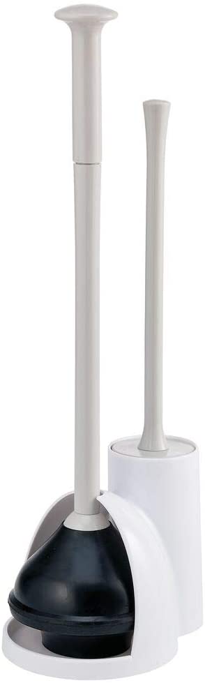 mDesign Compact Plastic Toilet Bowl Brush and Plunger Combo Set with Holder - Caddy for Bathroom Storage - Sturdy, Heavy Duty, Deep Cleaning - White/Light Gray