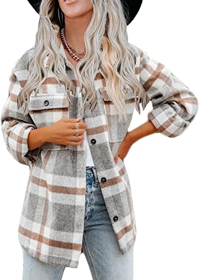 Haellun Womens Wool Blend Plaid Flannel Button Down Shirts Jacket Shacket Coats