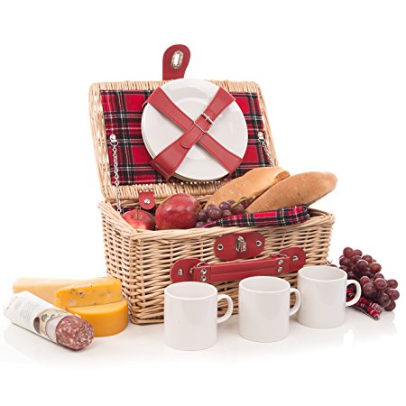 Modern Wicker Picnic Basket Hamper Set by Weirwood | Includes Flatware, Cheese Plates, Ceramic Mugs, Handkerchiefs, and FREE Checkered Blanket