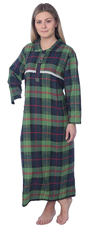 Beverly Rock Women's Full Length Brushed Cotton Flannel Plaid Nightgown Lounger