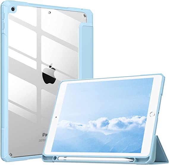 MoKo Case Fit New iPad 9th/8th/7th Generation Case with Pencil Holder (2021/2020/2019), iPad 10.2 inch Clear Shell Cover with Translucent Back Corner/Bumper Protector Case, Auto Wake/Sleep,Sky Blue