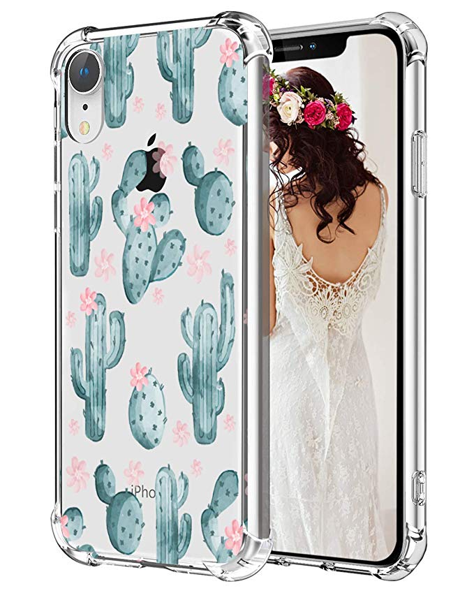 Hepix Cute iPhone XR Case Cactus Floral Xr Phone Cases, Soft Clear Flexible TPU Frame Protective XR Cases for Girls, Anti-Scratch Shock Absorbing with Reinforced Bumper for iPhone XR (2018) 6.1"