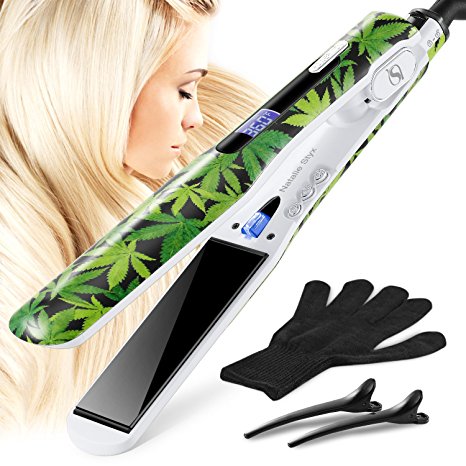 Natalie Styx Professional green leaf Flat Iron Ceramic Titanium 1.5 Inch Instant Heat Straight Iron Hair straightener and LCD Display, Travel Size Pouch and 2 Clips Gift for girls,mother or lovers