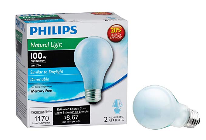 Philips 226993 72-Watt A19 Halogen Light Bulb, Natural Light, Dimmable, 2-Pack